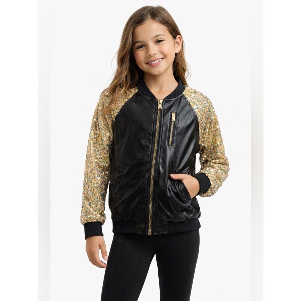 WELAKEN Girls Sequin Sleeve Faux Leather Bomber Jacket Size 8Y Black Gold
